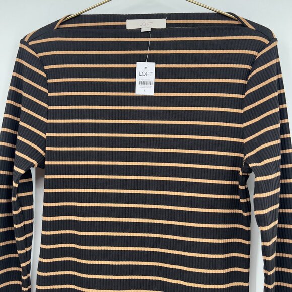 LOFT Women’s Black & Tan Ribbed Long Sleeve Striped Top – Size L NWT - Picture 2 of 12